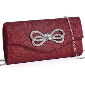 Women's Burgundy Glitter Crystal Bow Evening Unique Luxury Flap Clutch Handbag